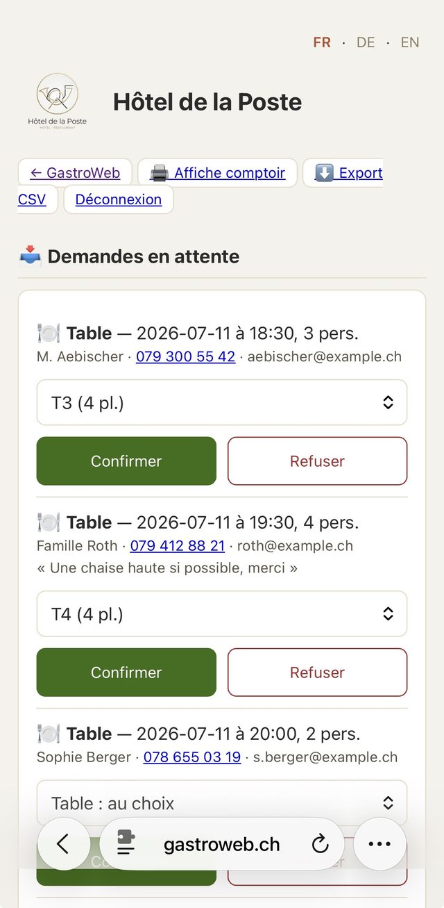 Console mobile GastroWeb : les demandes de réservation à valider