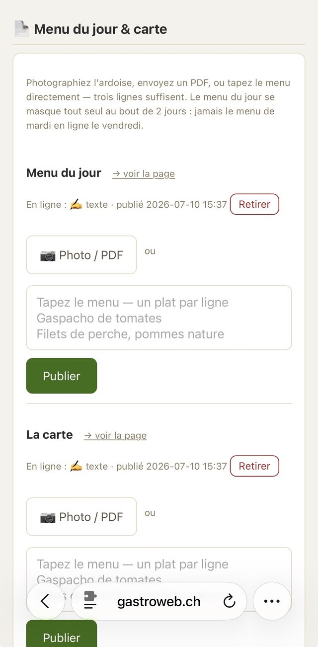 Console mobile GastroWeb : publier le menu du jour en photo